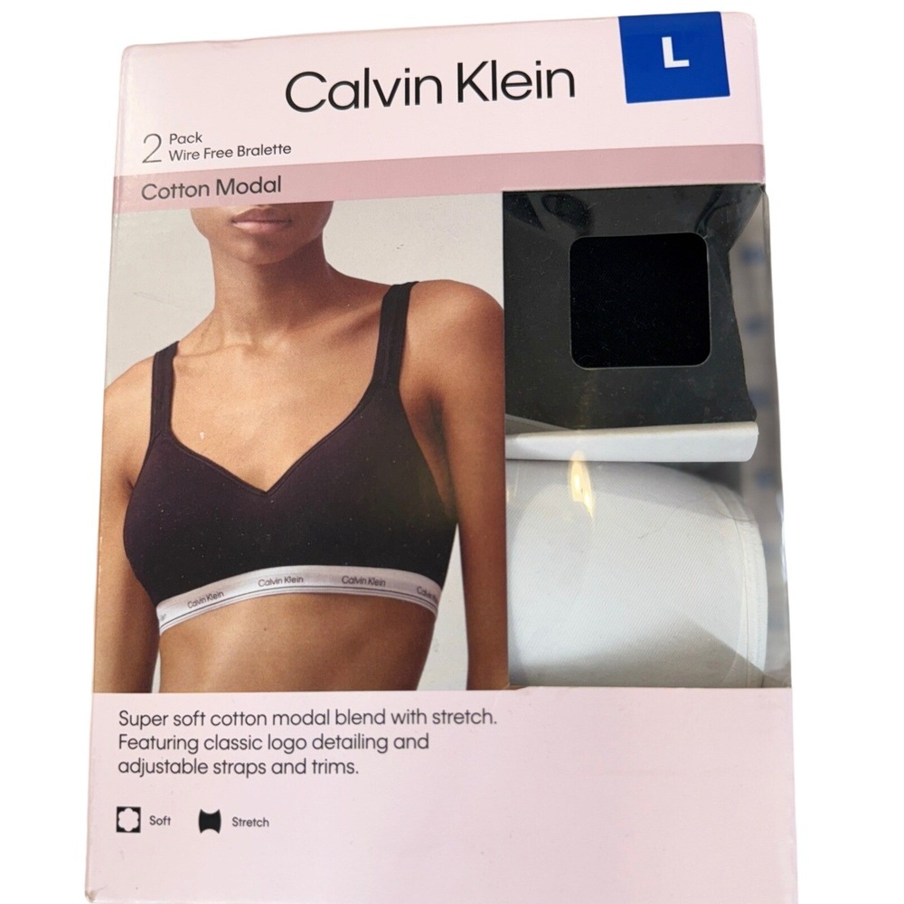 Calvin Klein Bralette 2 Pack Wire Free Size Large Cotton Modal Black White NIB